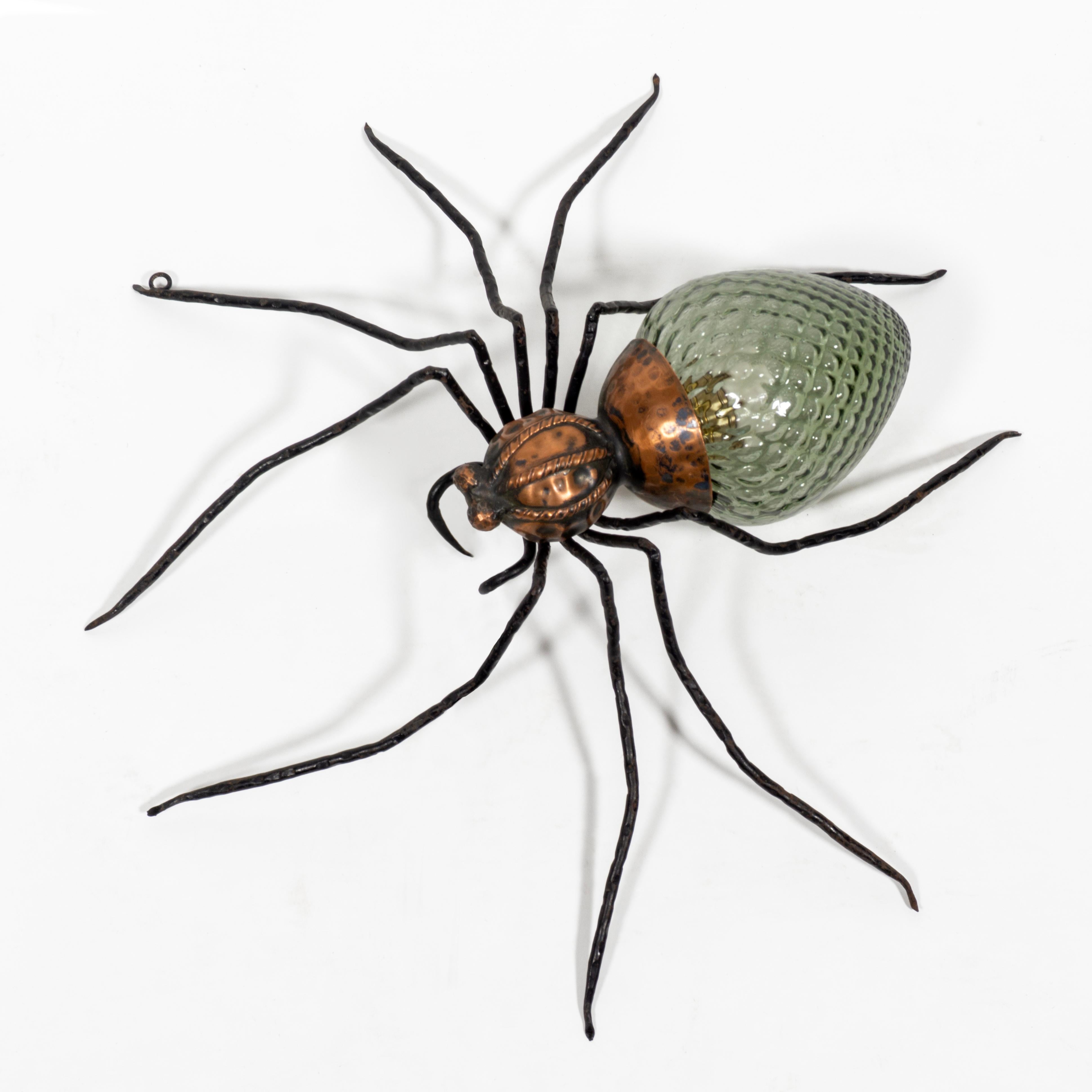 Italian Italy 1950s Spider Lamp Wall Sconce in Copper, Wrought Iron & Green Glass For Sale