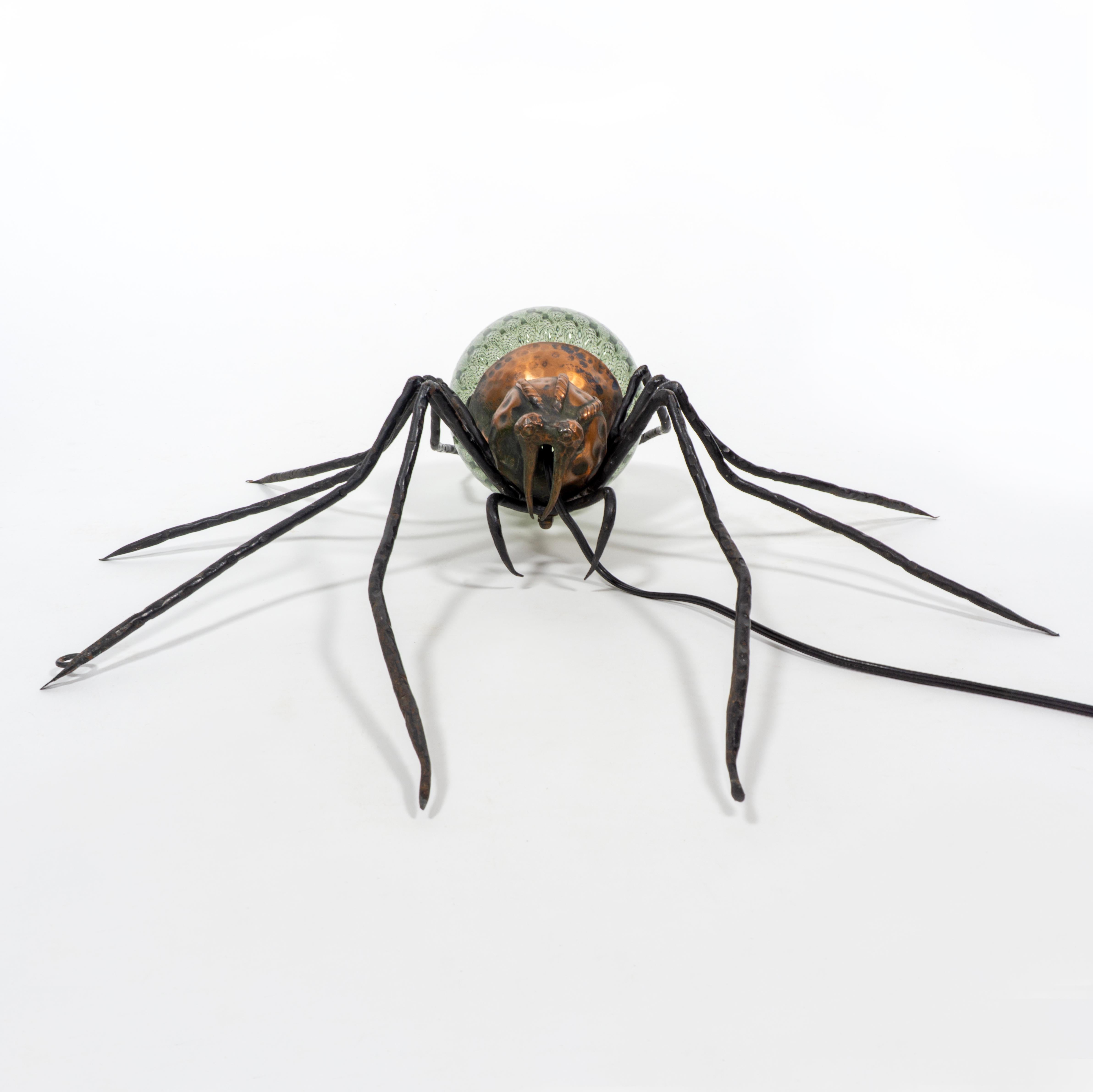 20th Century Italy 1950s Spider Lamp Wall Sconce in Copper, Wrought Iron & Green Glass For Sale