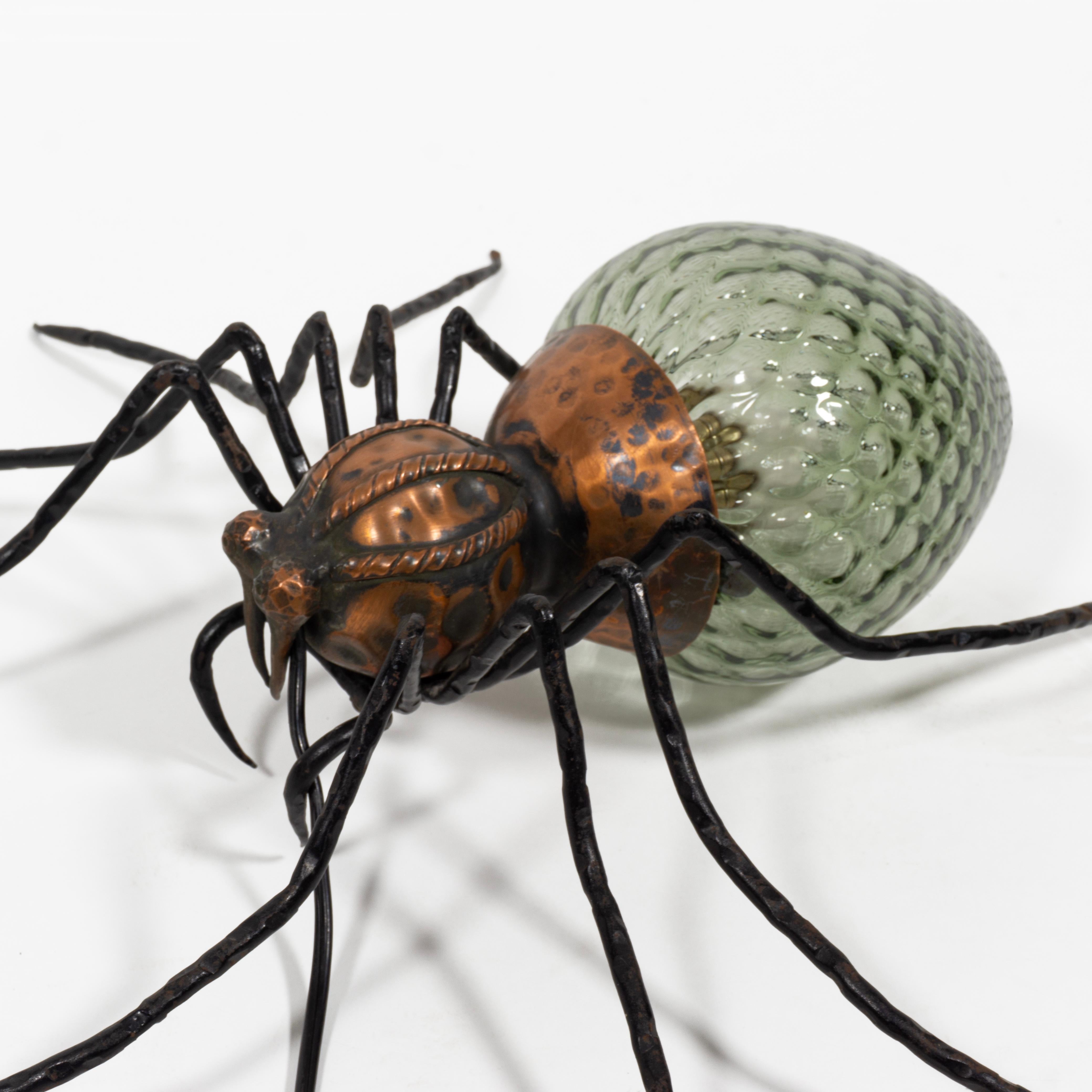 Italy 1950s Spider Lamp Wall Sconce in Copper, Wrought Iron & Green Glass For Sale 1
