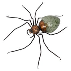 Italy 1950s Spider Lamp Wall Sconce in Copper, Wrought Iron & Green Glass