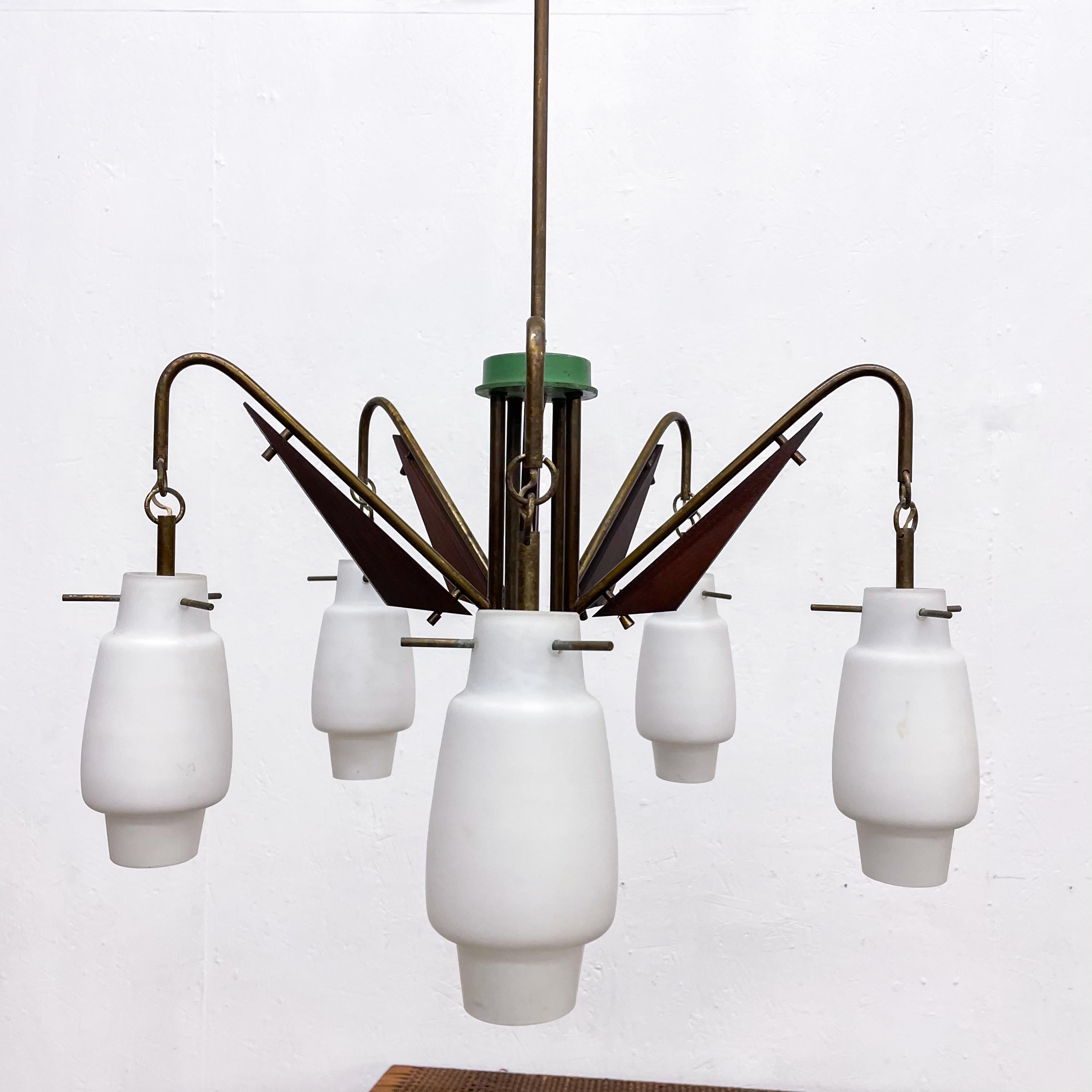 Stilnovo Five arm Chandelier with Green Accent.  Made in Italy circa 1950s
No label, attributed Stilnovo.
Brass and Wood with Opaline Case Glass. 
Original Unrestored Vintage condition.
Tested and currently working. It requires 5 e-14 torpedo bulbs