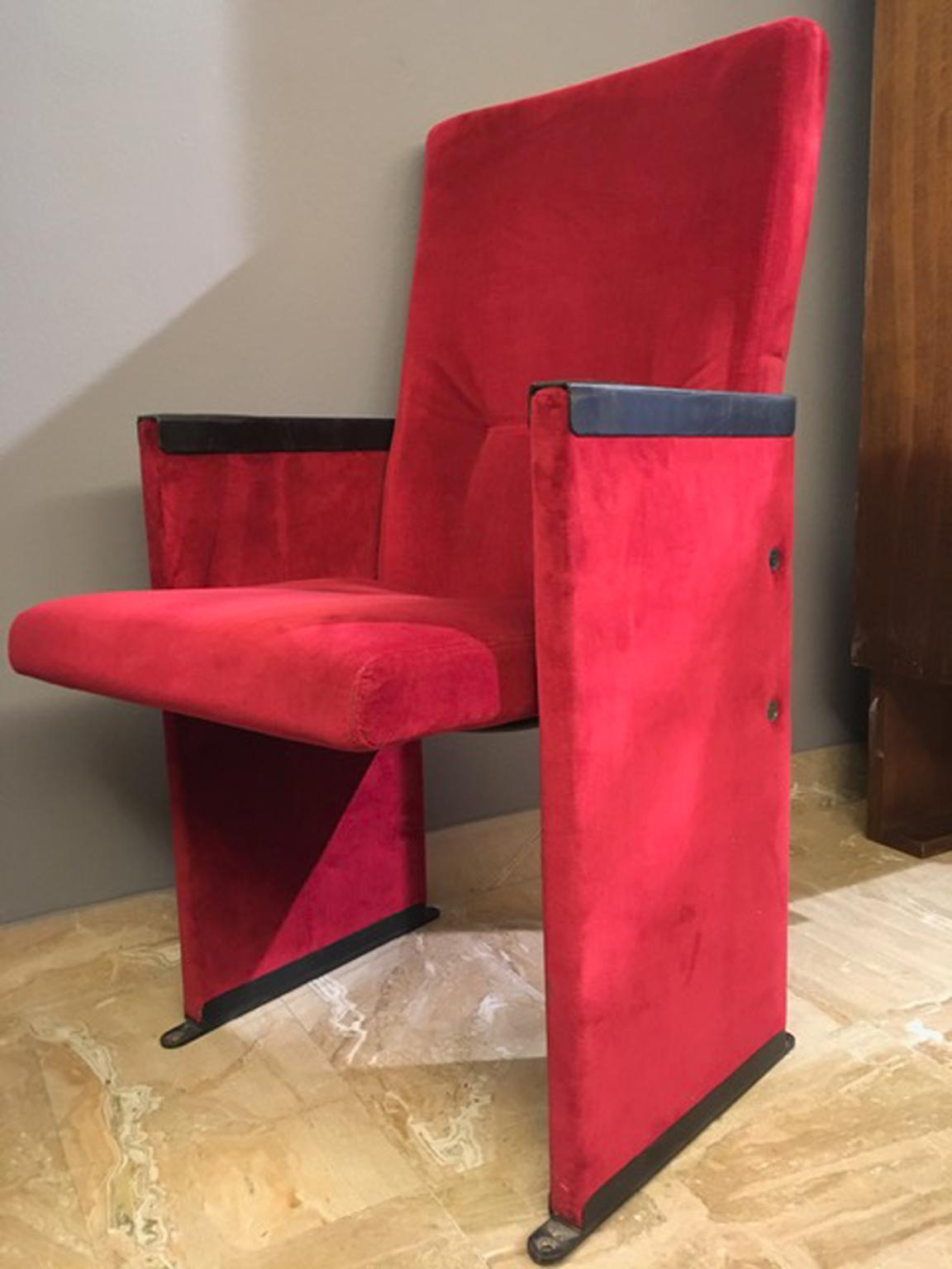 Modern Italy 1960 Carlo Scarpa Design Pair of Red Velvet Armchairs for Auditorium For Sale