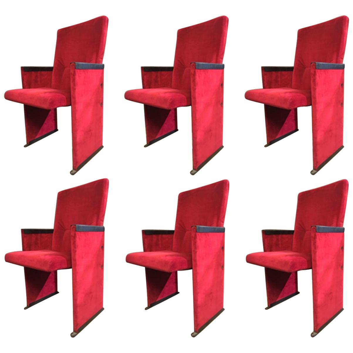 Italy 1960 Carlo Scarpa Design Set 6 Red Velvet Armachairs for Auditorium For Sale