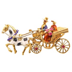Italy 1960 Enameled Brooch Of A Couple In Carriage In 18Kt Yellow Gold & Rubies