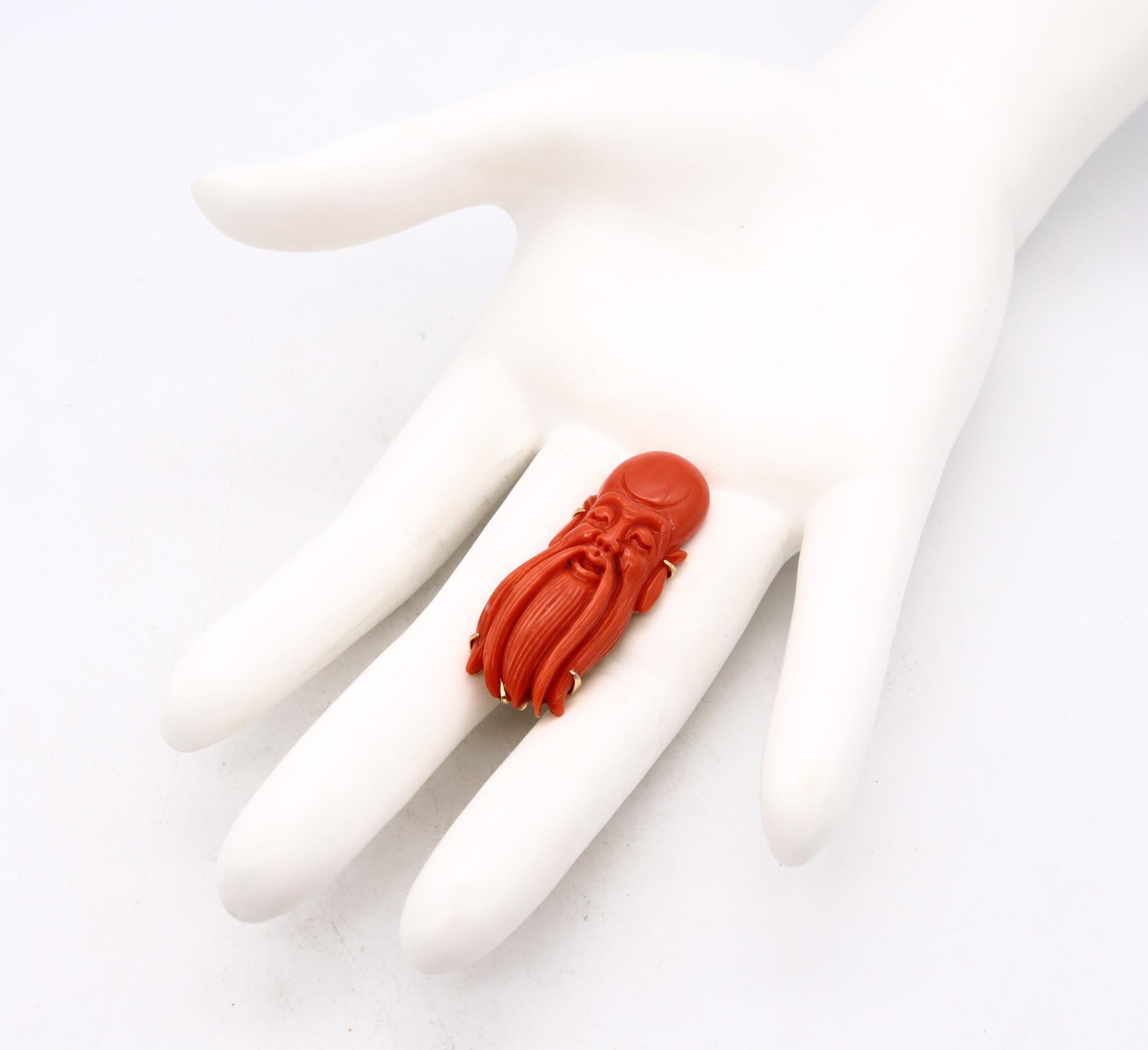 Modernist Italy, 1960, Mid-Century 18Kt Yellow Gold Chinoiserie Brooch with Carved Coral For Sale