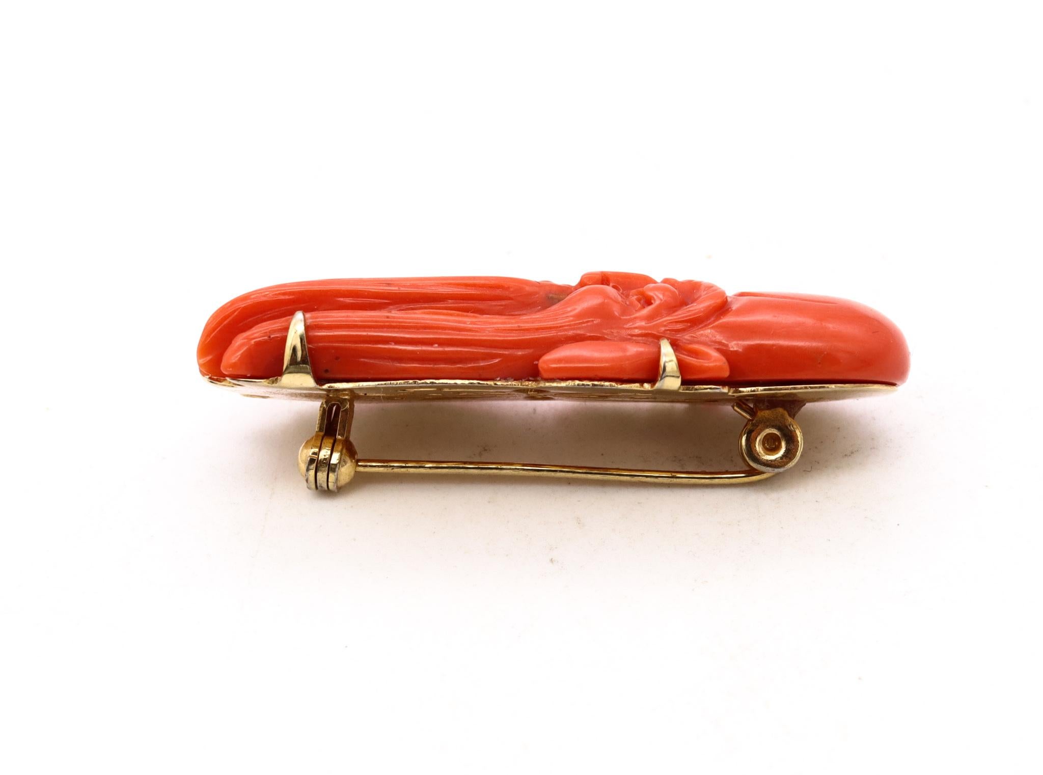 Women's Italy, 1960, Mid-Century 18Kt Yellow Gold Chinoiserie Brooch with Carved Coral For Sale