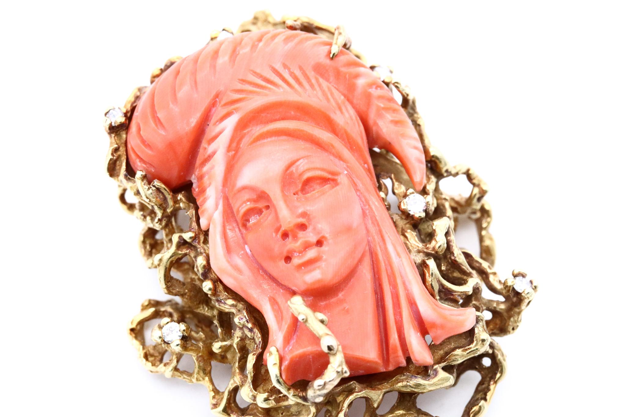 Modernist Italy 1960 Mid Century Pendant in 18kt Gold with Diamonds and Carved Coral For Sale