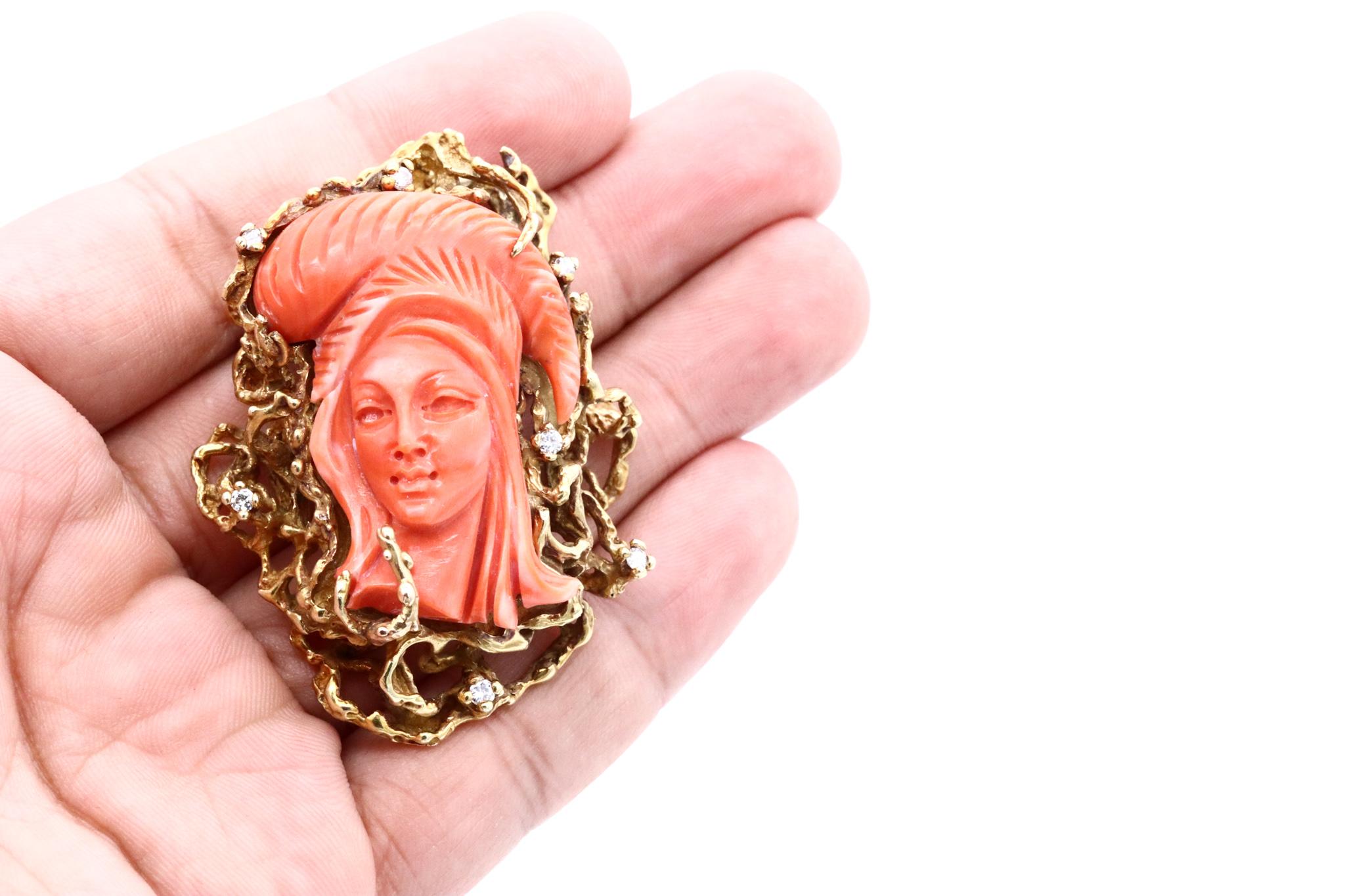 Mixed Cut Italy 1960 Mid Century Pendant in 18kt Gold with Diamonds and Carved Coral For Sale