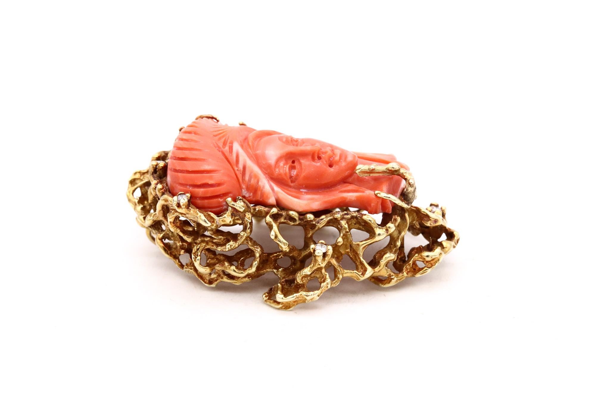 Women's Italy 1960 Mid Century Pendant in 18kt Gold with Diamonds and Carved Coral For Sale