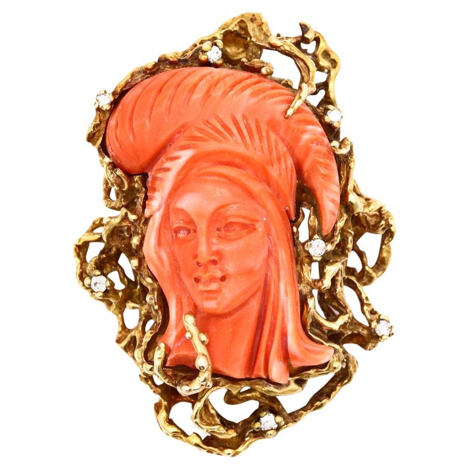 Italy 1960 Mid Century Pendant in 18kt Gold with Diamonds and Carved Coral For Sale