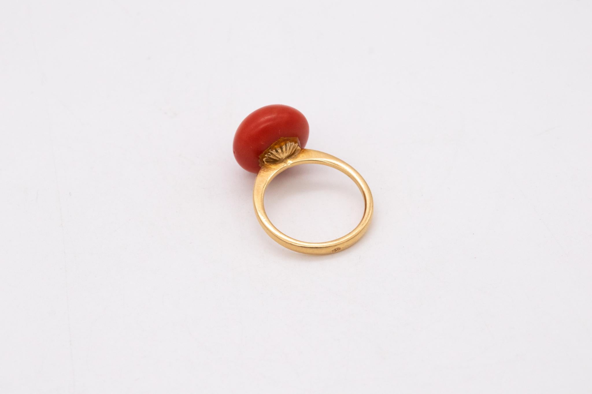 Modernist Italy 1960 Mid Century Ring 18Kt Gold 13.69 Cts Sardinian Ox Blood Red Coral For Sale