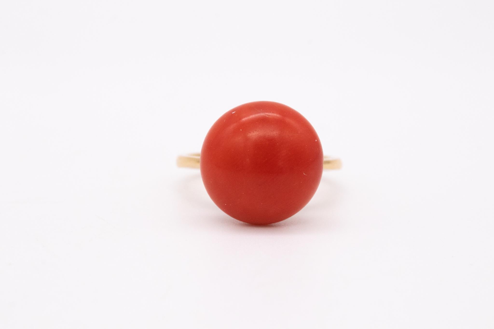 Bead Italy 1960 Mid Century Ring 18Kt Gold 13.69 Cts Sardinian Ox Blood Red Coral For Sale