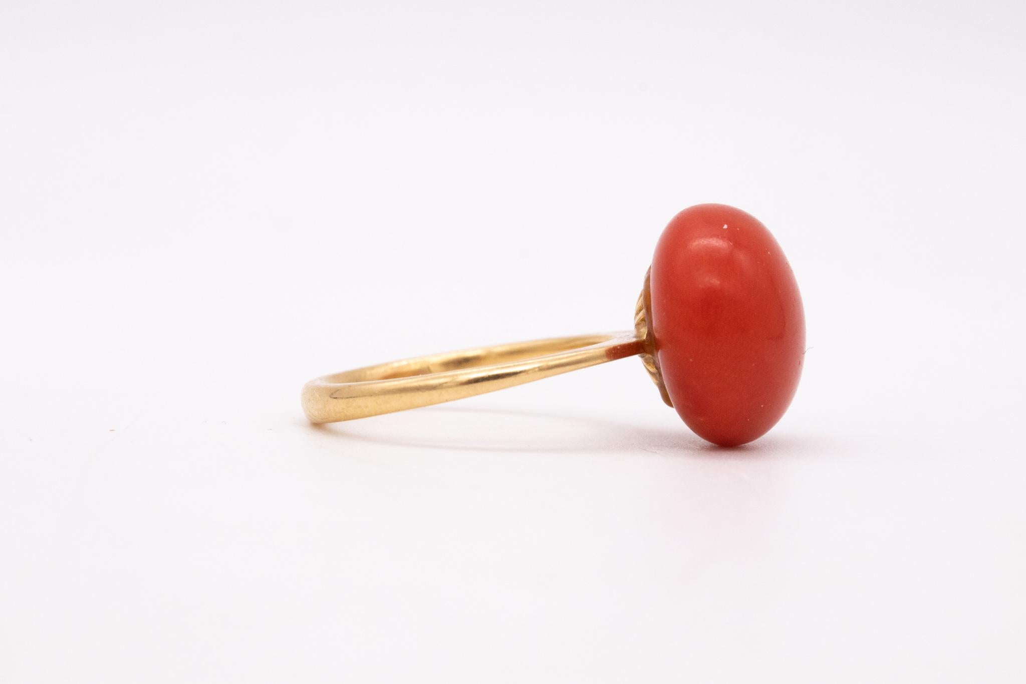 Women's Italy 1960 Mid Century Ring 18Kt Gold 13.69 Cts Sardinian Ox Blood Red Coral For Sale