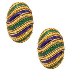 Vintage Italy 1960 Modernist Earrings in Textured 18Kt Gold Blue Green Guilloche Enamel