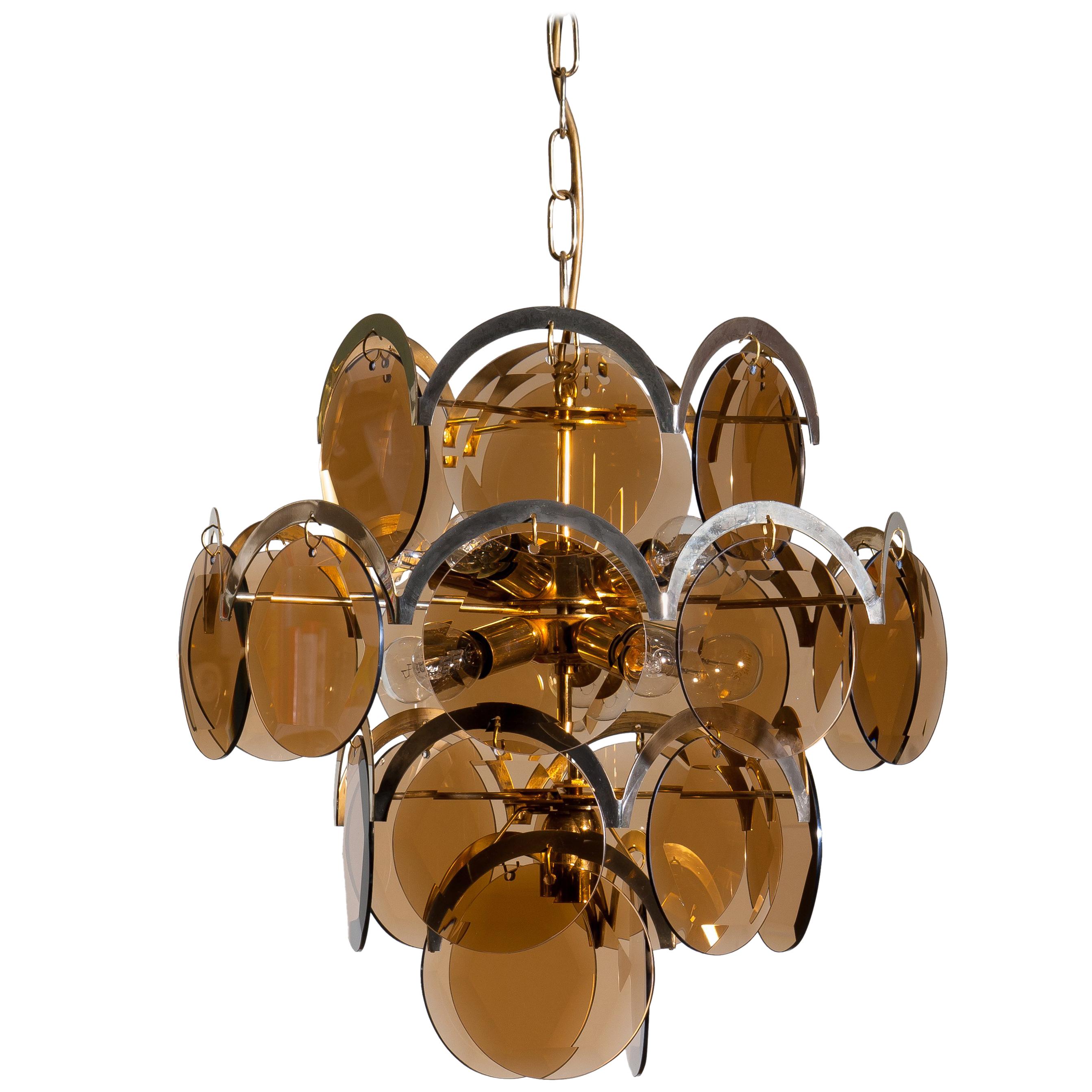 Mid-Century Modern Italy 1960s Brass or Gold Colored and Smoked Glass Chandelier by Gino Vistosi