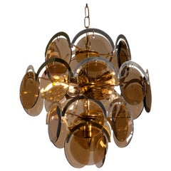 Italy 1960s Brass or Gold Colored and Smoked Glass Chandelier by Gino Vistosi
