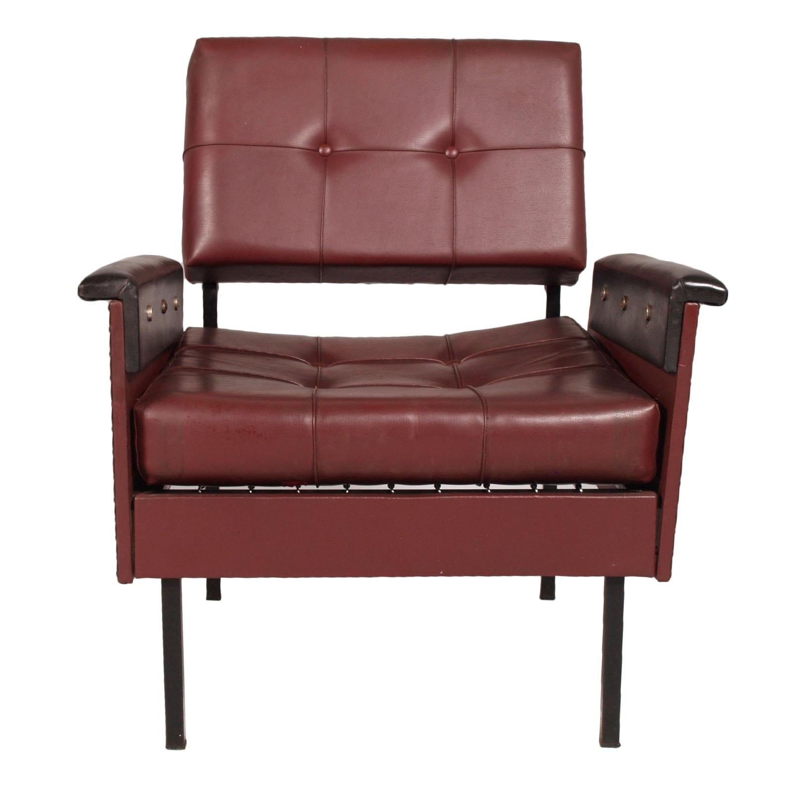 Lacquered Italy 1960s Cubist Armchairs & Sofa, Iron Legs, Faux Leather Quilted Upholstery For Sale