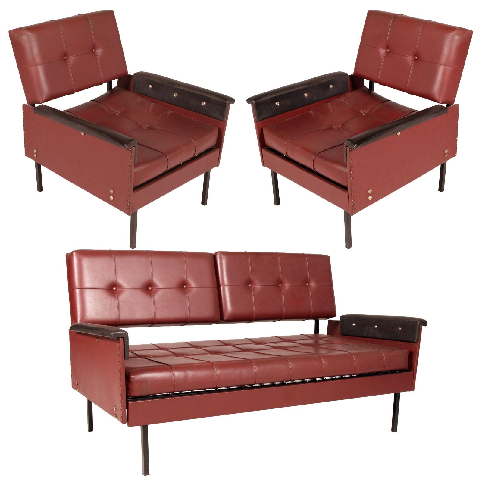 Italy 1960s Cubist Armchairs & Sofa, Iron Legs, Faux Leather Quilted Upholstery For Sale
