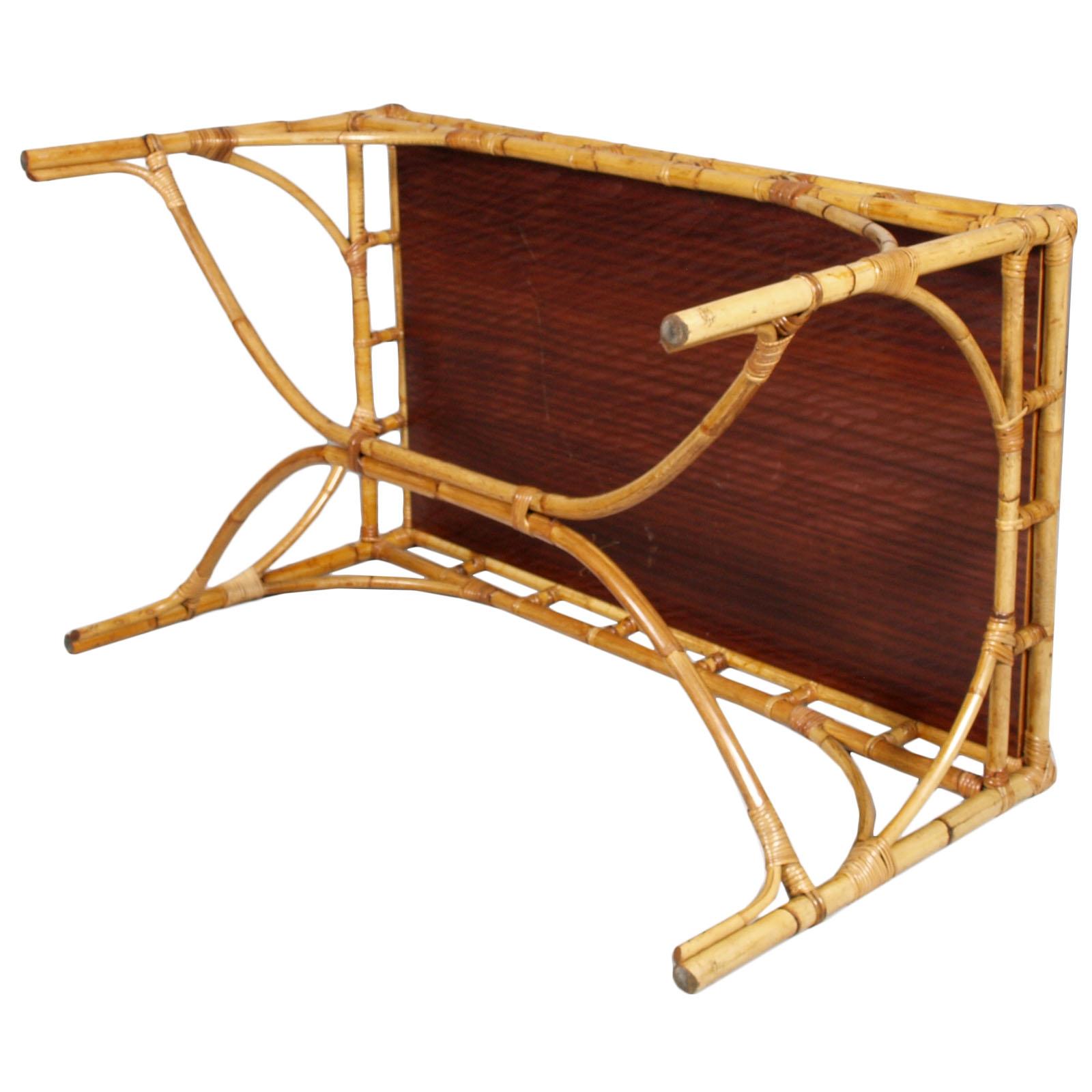 Italian Italy 1960s Glass Top Bamboo Rattan Rectangular Dining Table by Franca Helg