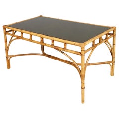Italy 1960s Glass Top Bamboo Rattan Rectangular Dining Table by Franca Helg