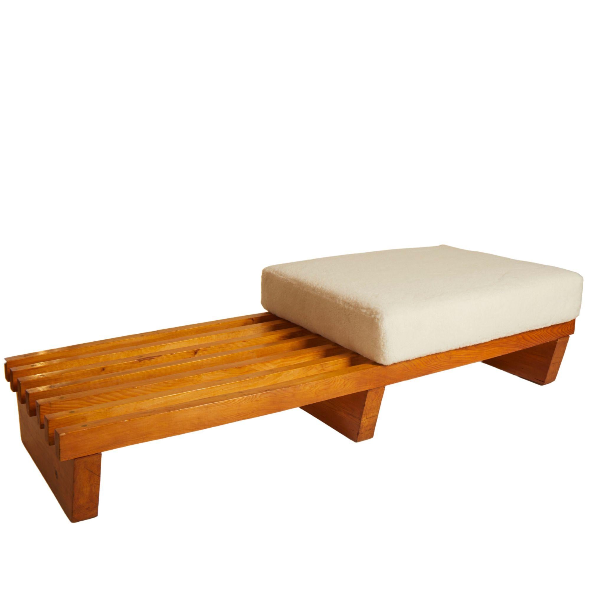 Italian oak slat bench from Italy 1960's restored and reupholstered shearling cushion