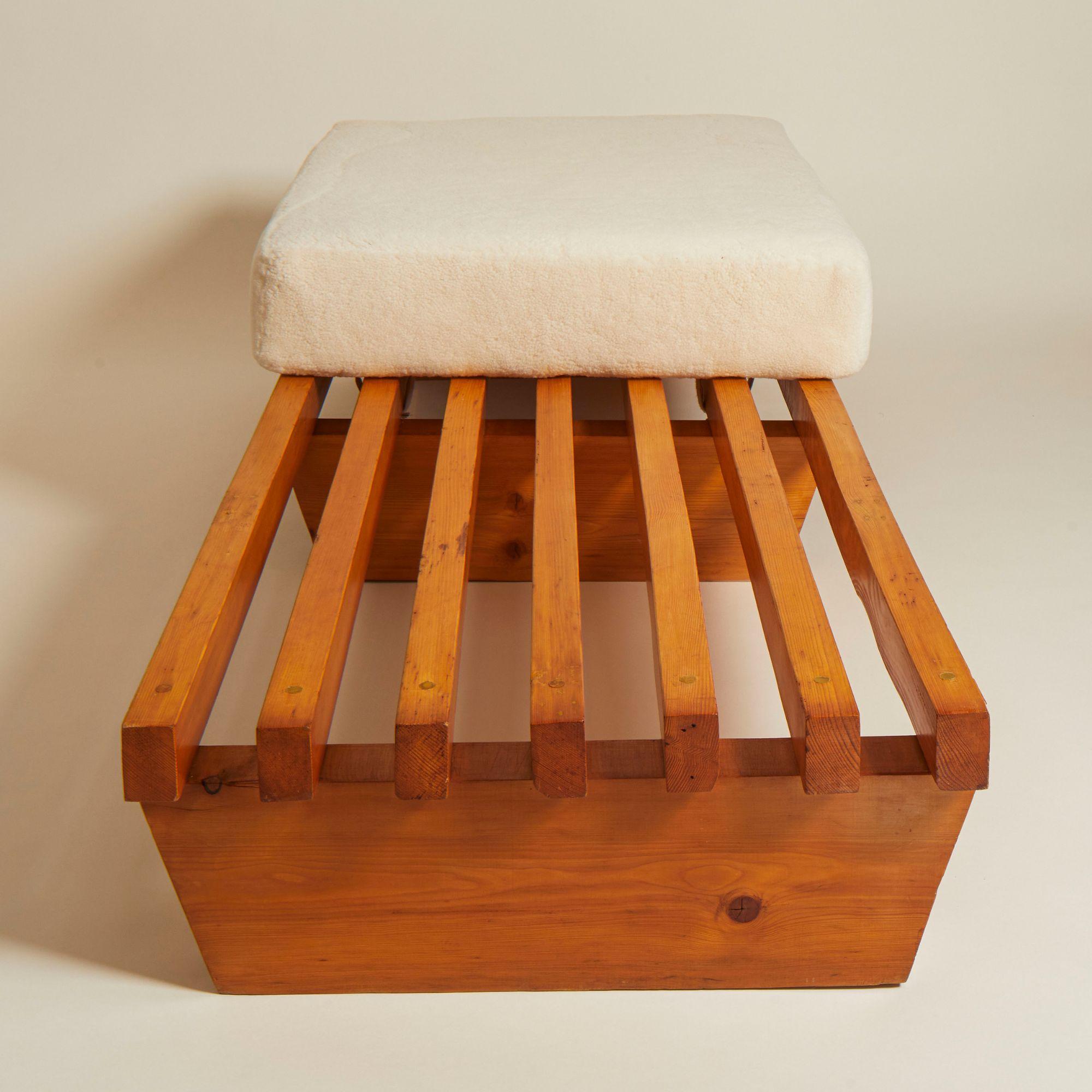 Mid-20th Century Mid Century Oak Slat & Shearling Bench, Italy 1960s For Sale