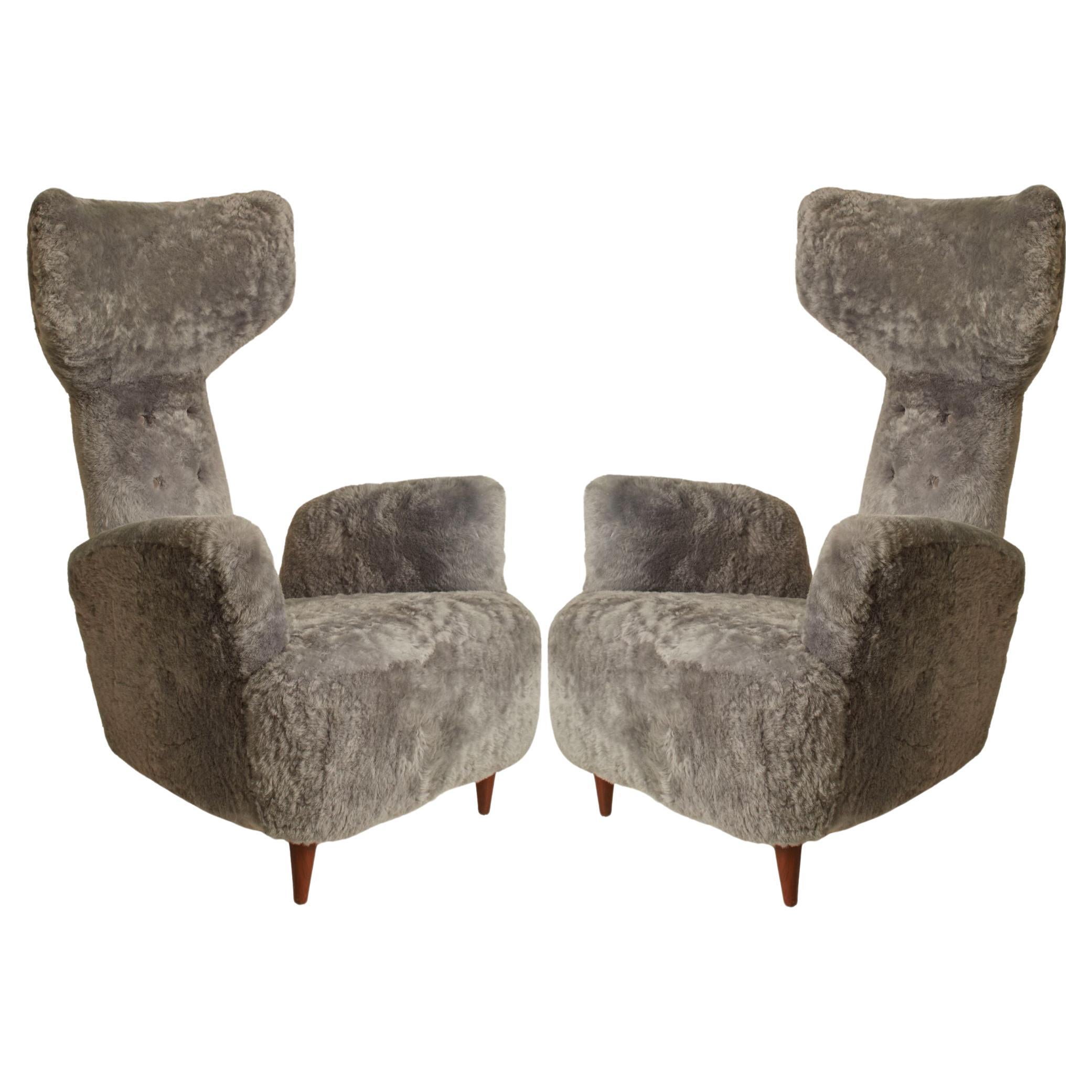 Mid Century Renzo Zavanella Pair of Gray Shearling Armchairs, Italy 1960s