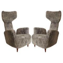 Mid Century Renzo Zavanella Pair of Gray Shearling Armchairs, Italy 1960s