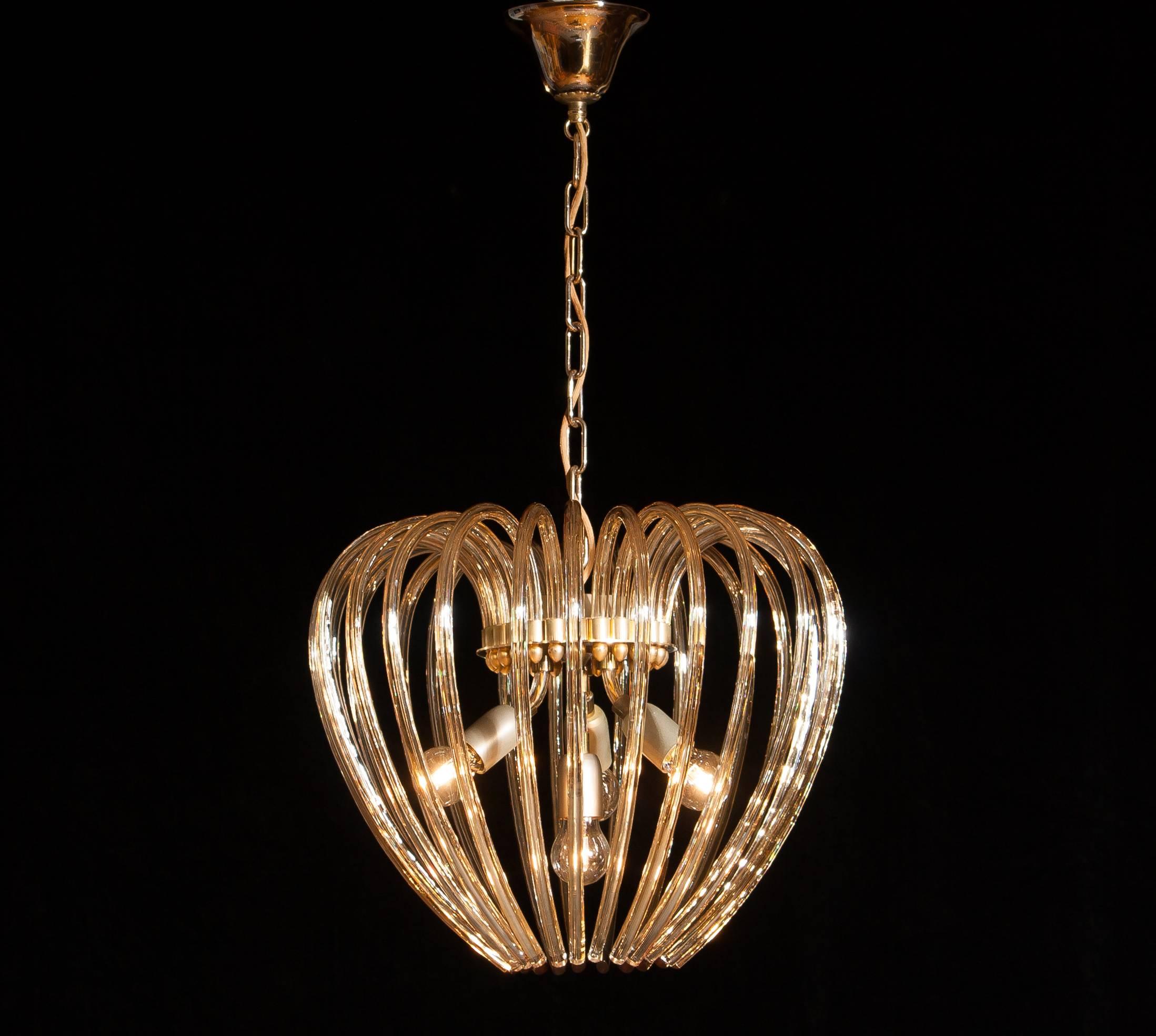 Italy 1960s Partly Gilded And Brass and Crystal Venini Murano Pendant Chandelier 4