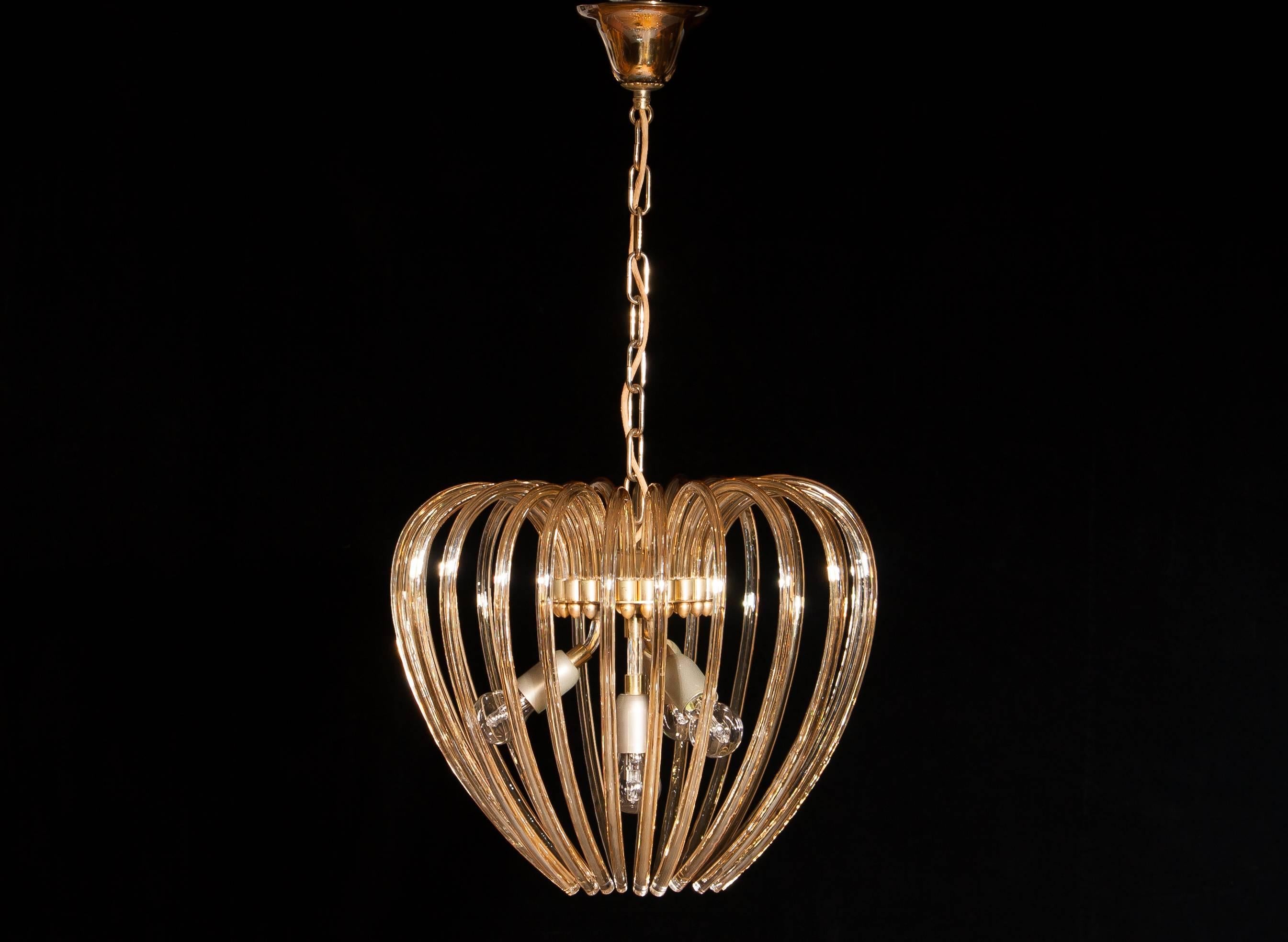 Italy 1960s Partly Gilded And Brass and Crystal Venini Murano Pendant Chandelier 5
