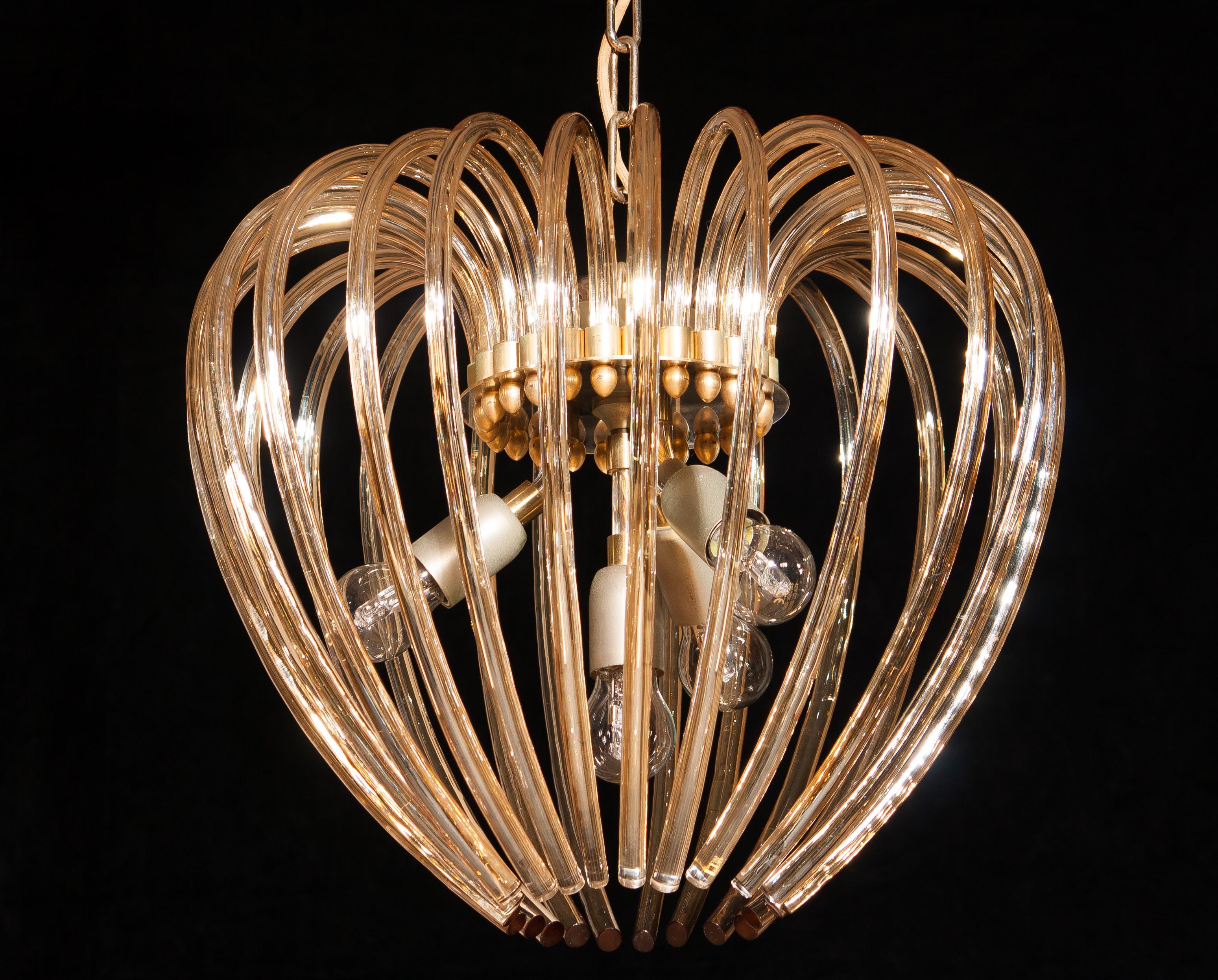 Italy 1960s Partly Gilded and Brass and Crystal Venini Murano Pendant Chandelier 5