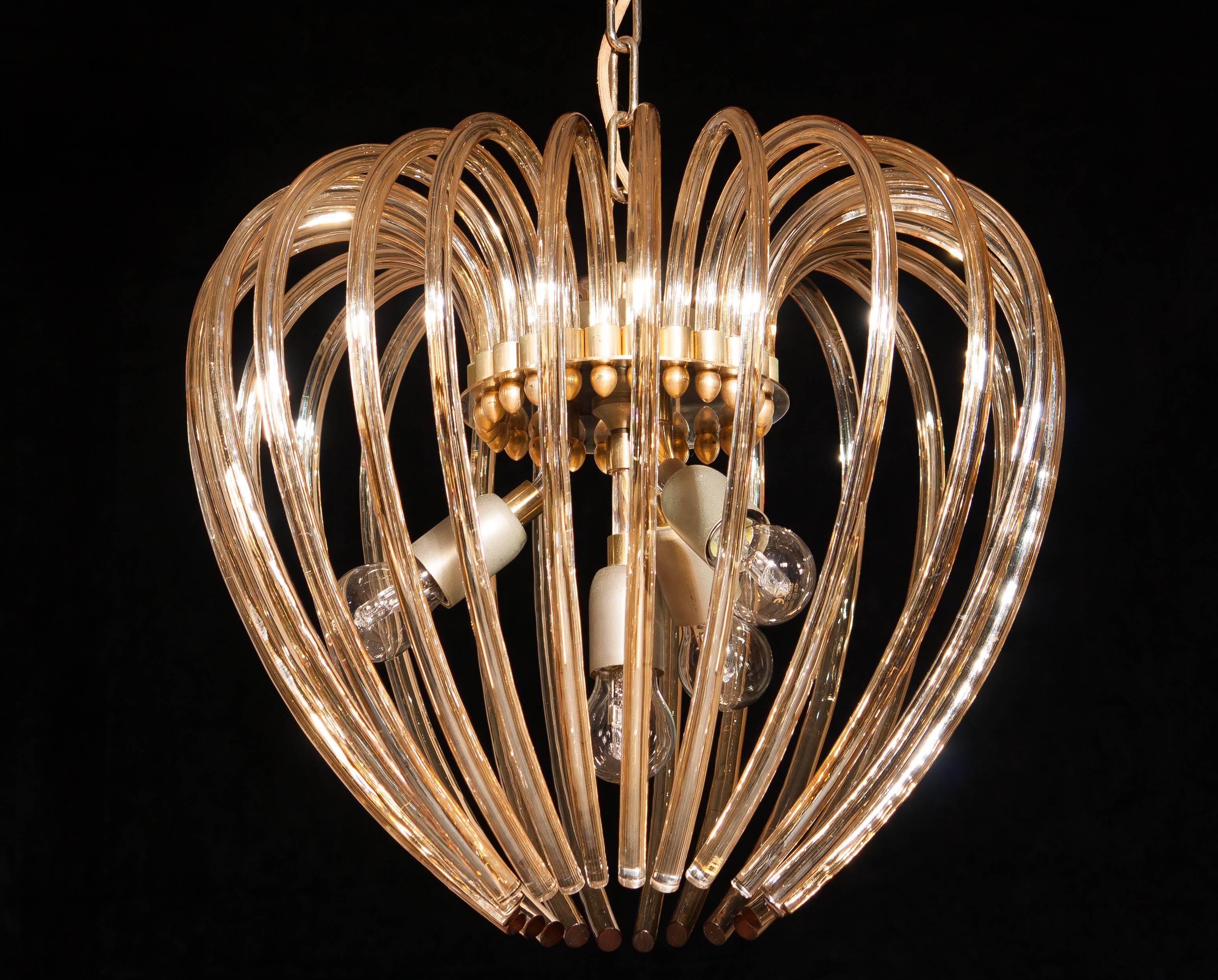 Italy 1960s Partly Gilded And Brass and Crystal Venini Murano Pendant Chandelier 6