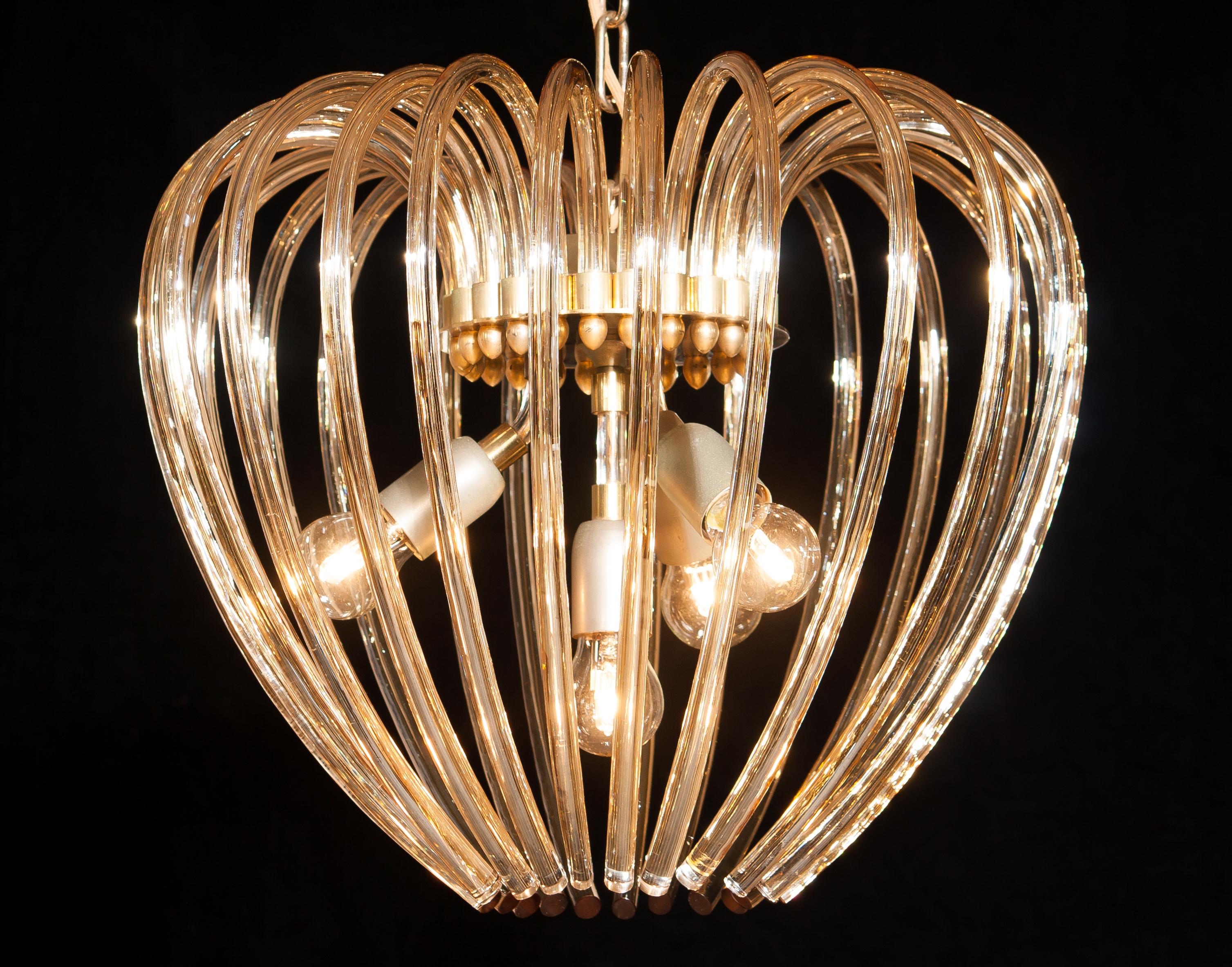 Italy 1960s Partly Gilded and Brass and Crystal Venini Murano Pendant Chandelier In Excellent Condition In Silvolde, Gelderland