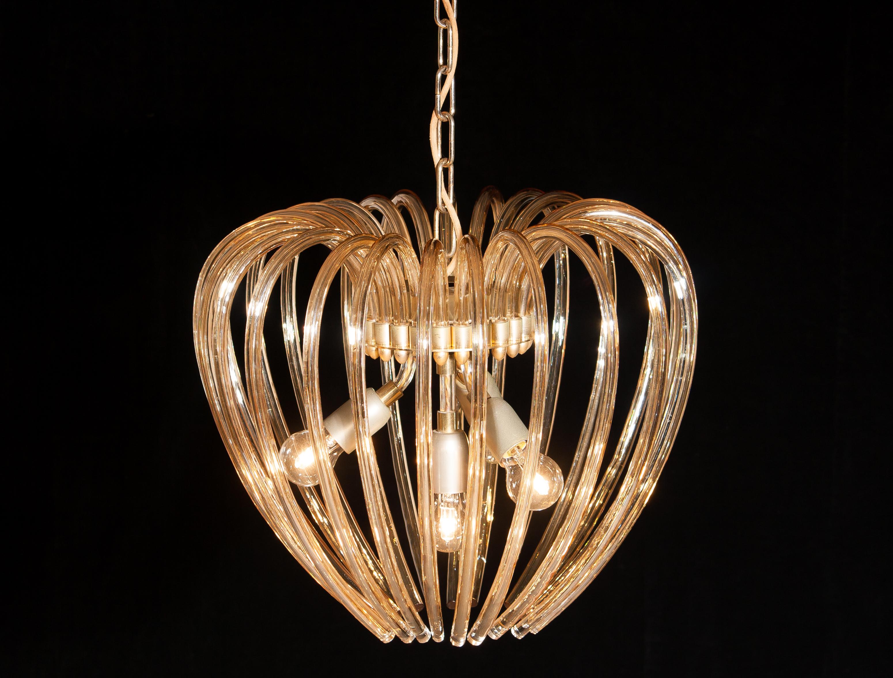 Italy 1960s Partly Gilded and Brass and Crystal Venini Murano Pendant Chandelier 1