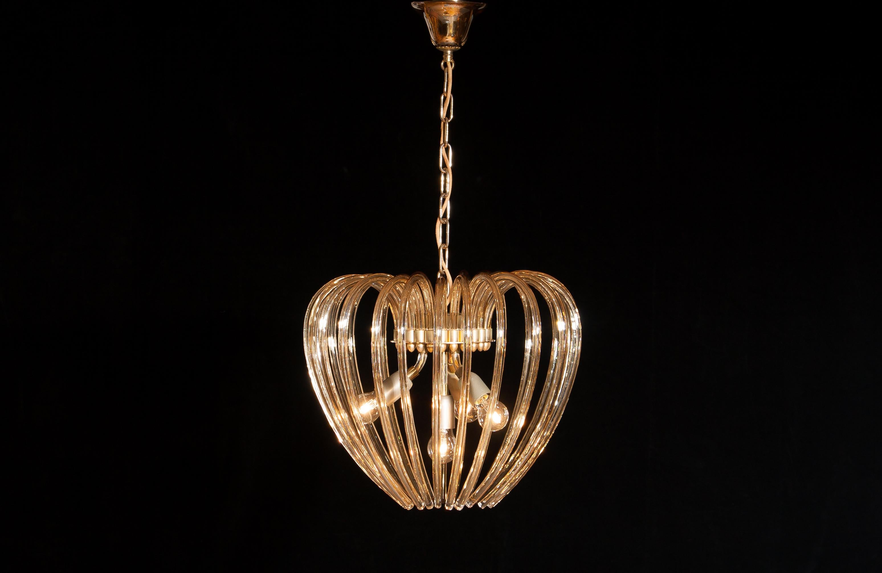 Italy 1960s Partly Gilded and Brass and Crystal Venini Murano Pendant Chandelier 1