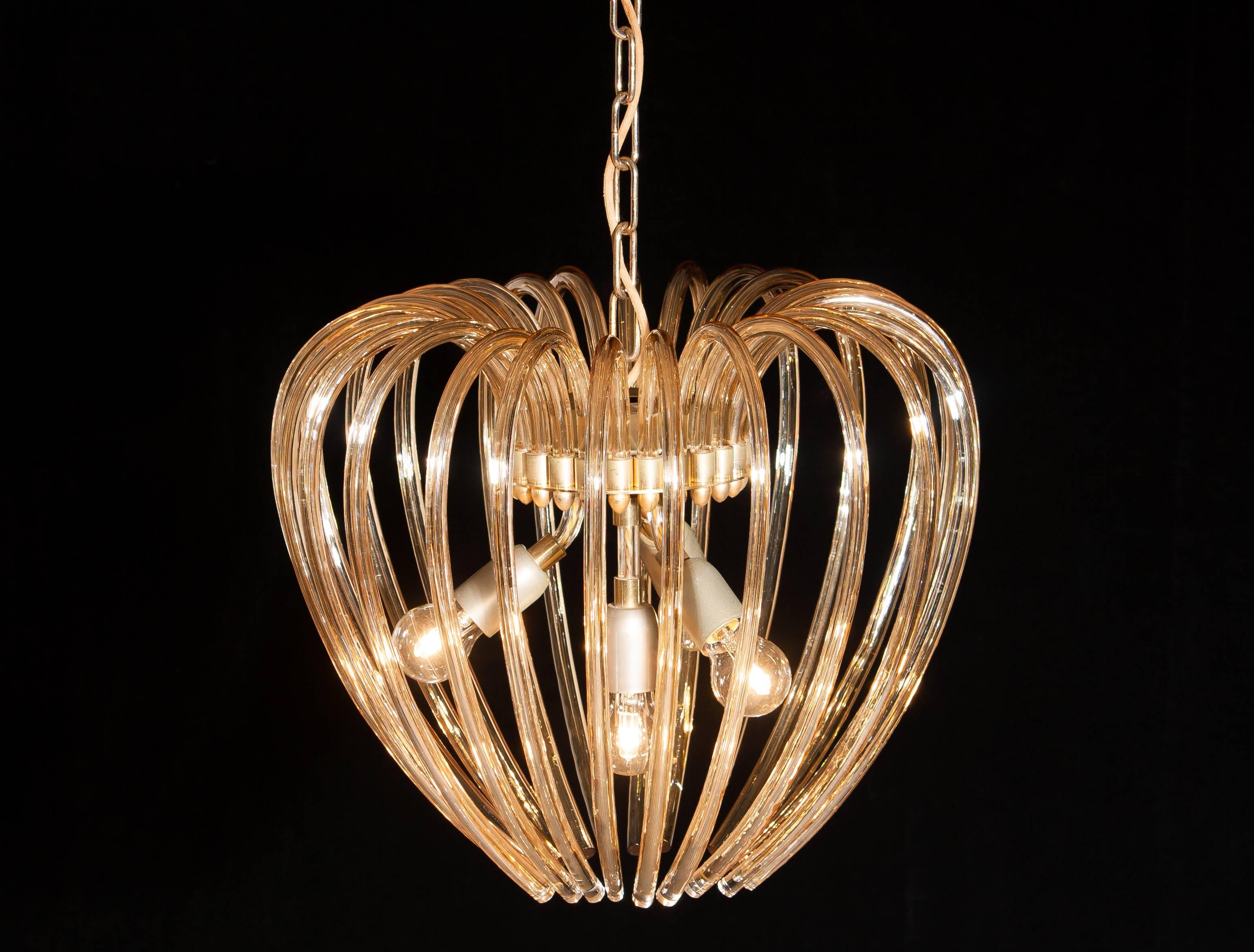 Italy 1960s Partly Gilded And Brass and Crystal Venini Murano Pendant Chandelier 2