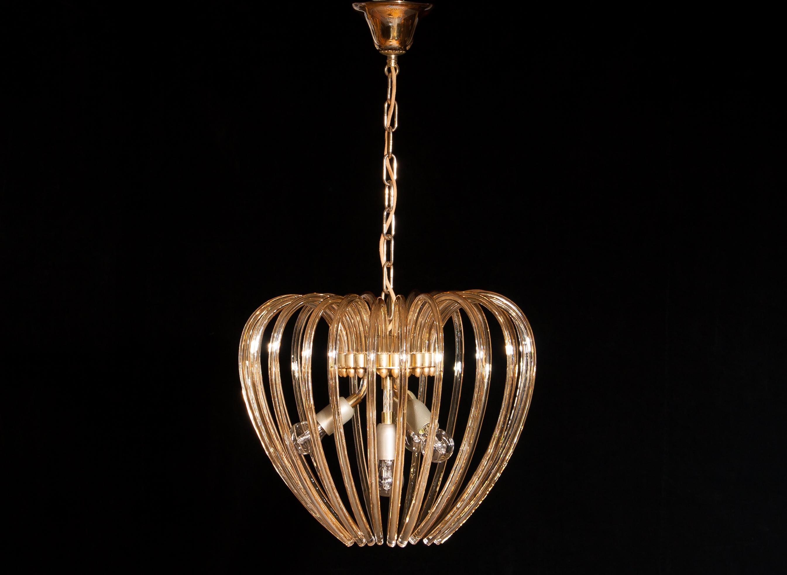 Italy 1960s Partly Gilded and Brass and Crystal Venini Murano Pendant Chandelier 3