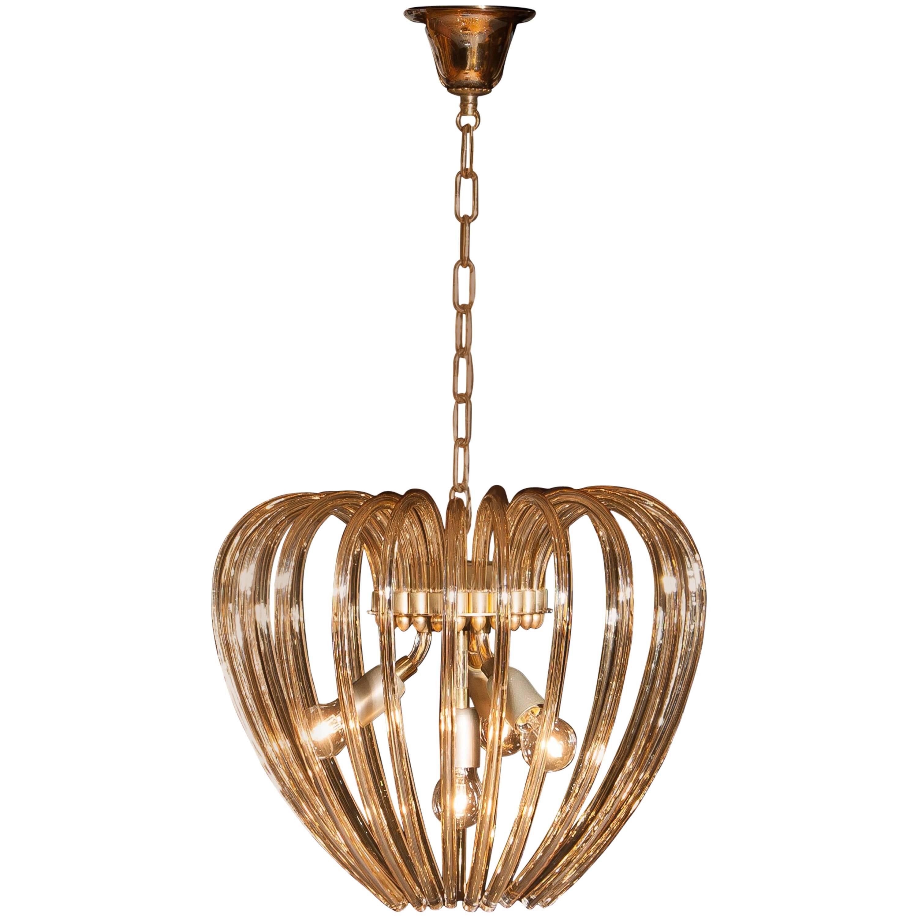 Italy 1960s Partly Gilded And Brass and Crystal Venini Murano Pendant Chandelier