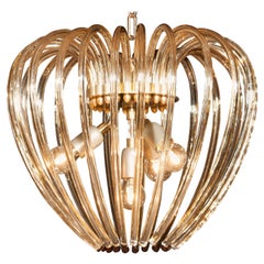 Italy 1960s Partly Gilded and Brass and Crystal Venini Murano Pendant Chandelier