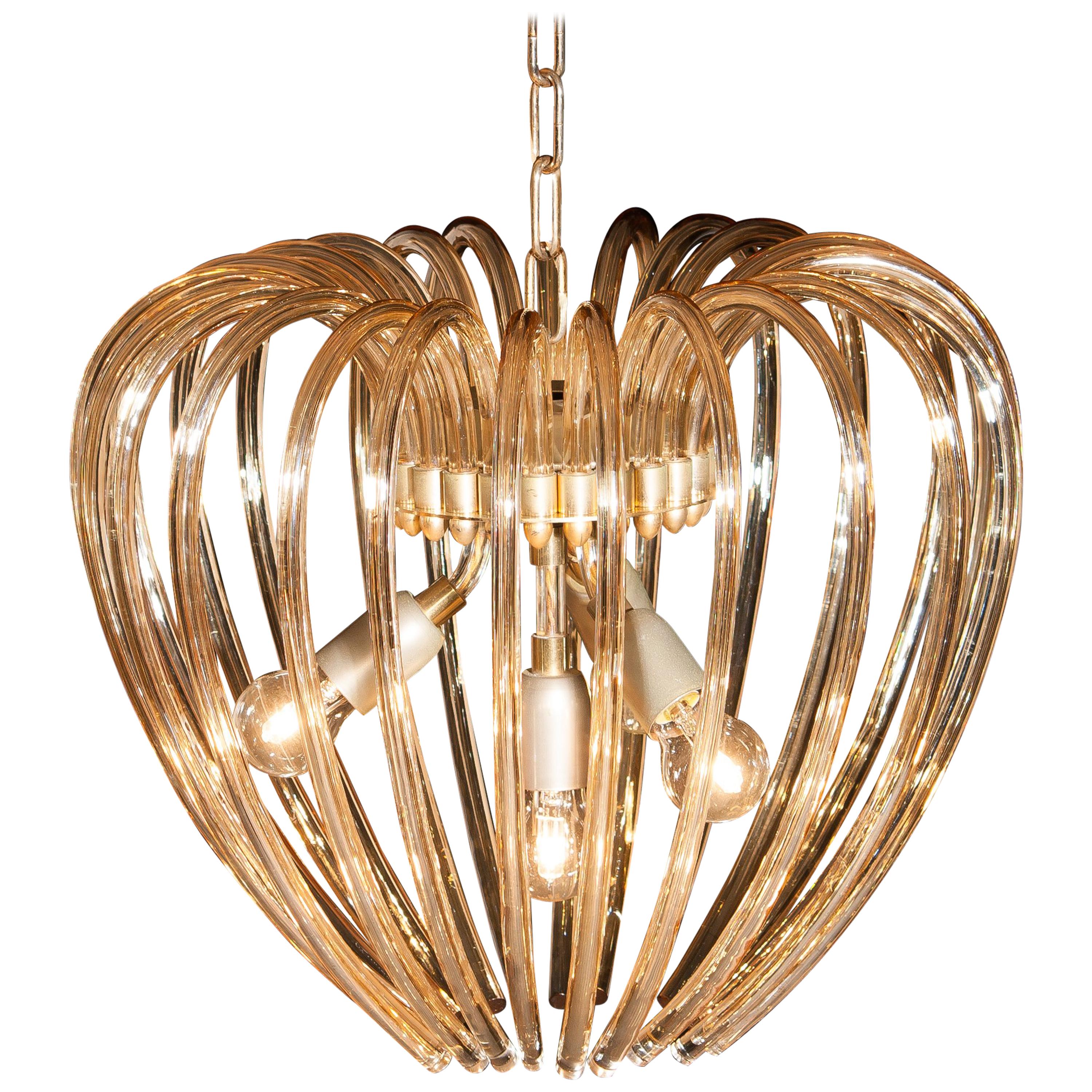 Italy 1960s Partly Gilded and Brass and Crystal Venini Murano Pendant Chandelier