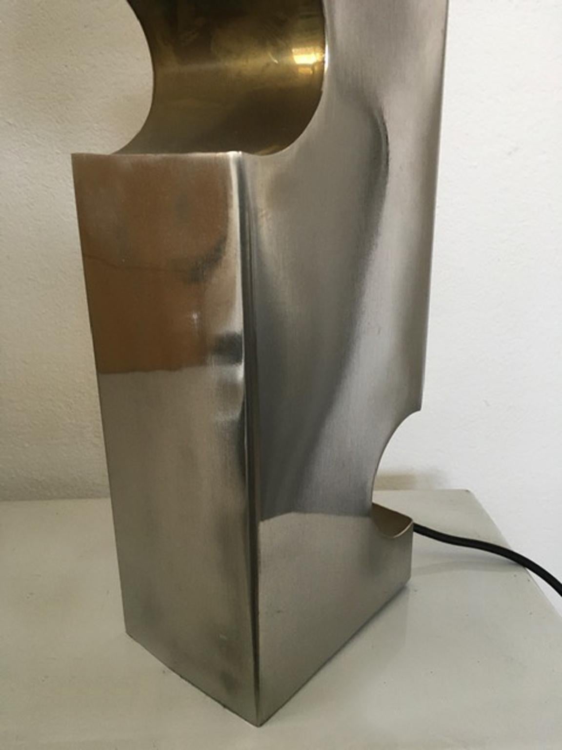 Late 20th Century Italy 1970 Duoble Faced Inox Steel and Plexiglass Table Lamp For Sale