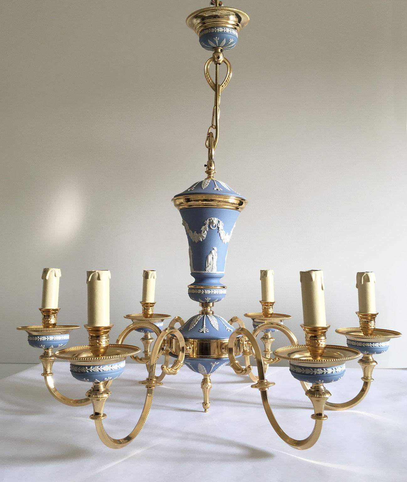 Italy 1970 Post-Modern Sky Blue Porcelain Brass Chandelier 6 Lights 2