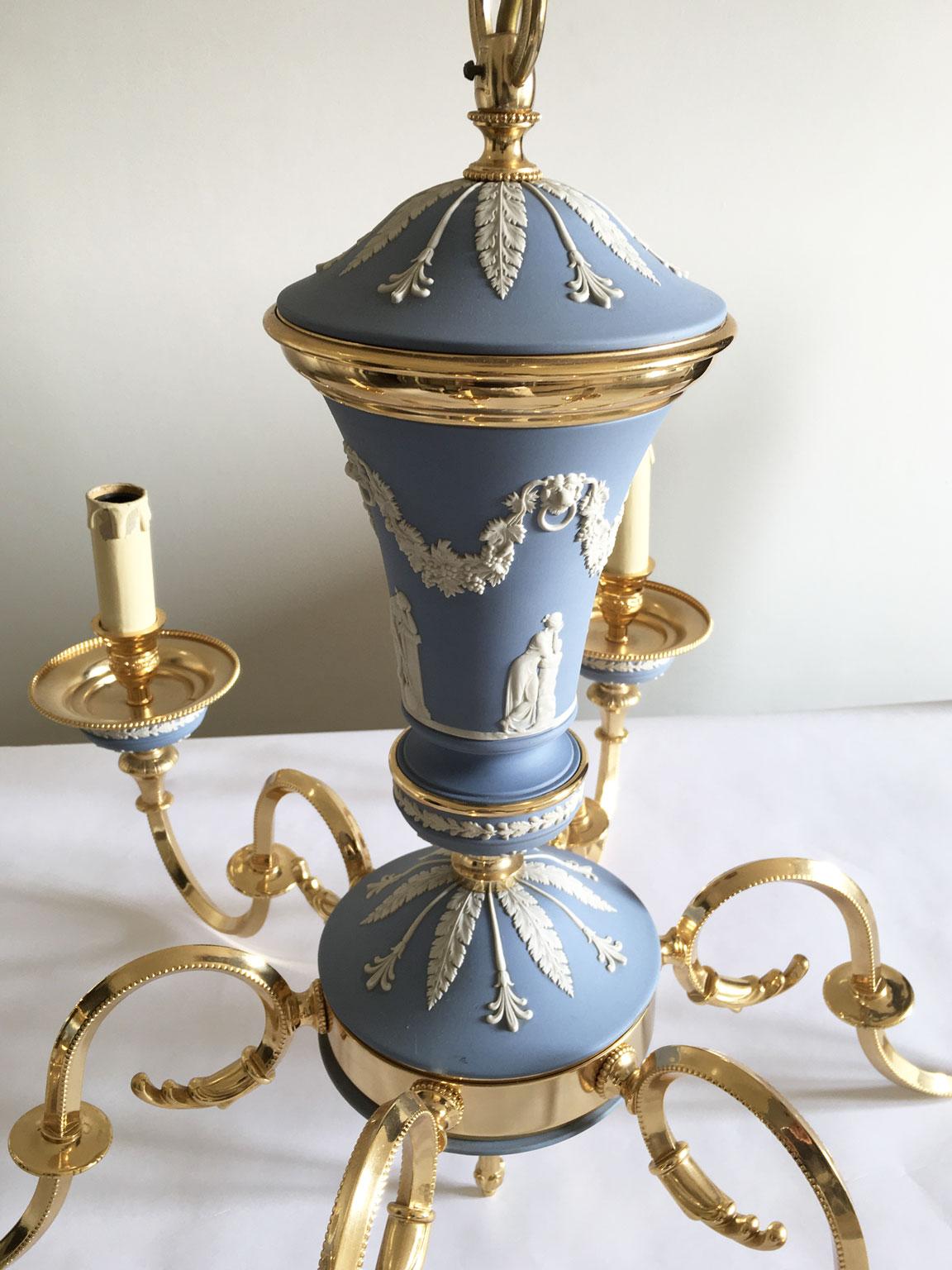 Italy 1970 Post-Modern Sky Blue Porcelain Brass Chandelier 6 Lights 4