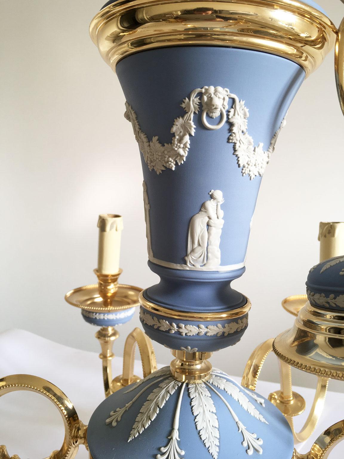 Italy 1970 Post-Modern Sky Blue Porcelain Brass Chandelier 6 Lights 6