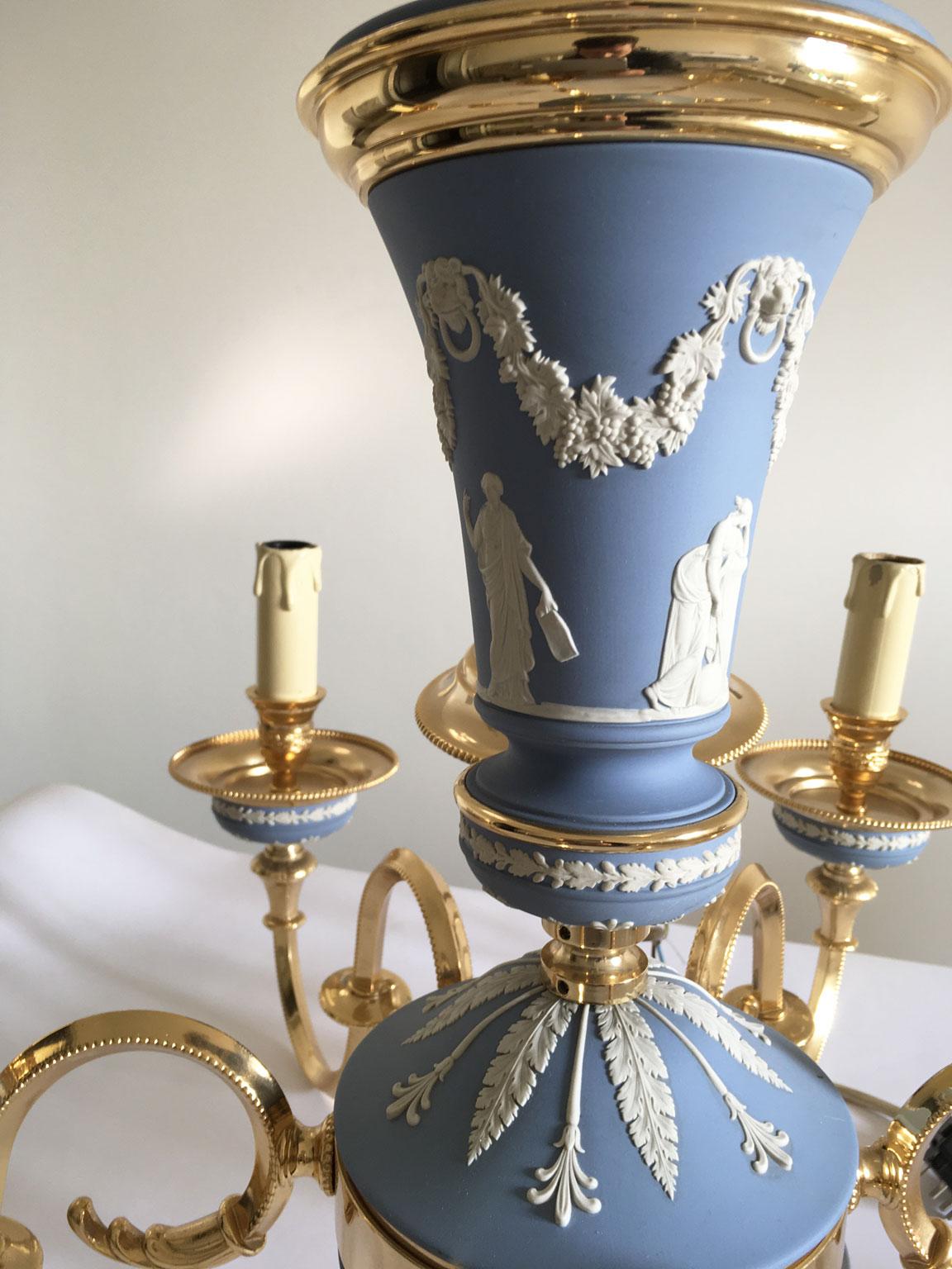 Italy 1970 Post-Modern Sky Blue Porcelain Brass Chandelier 6 Lights 7