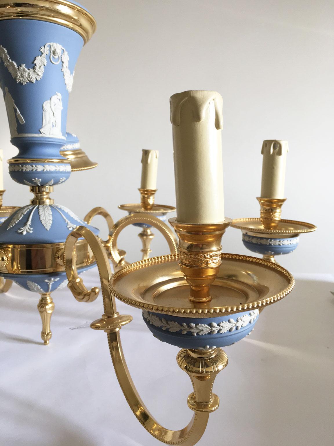 Italy 1970 Post-Modern Sky Blue Porcelain Brass Chandelier 6 Lights 8