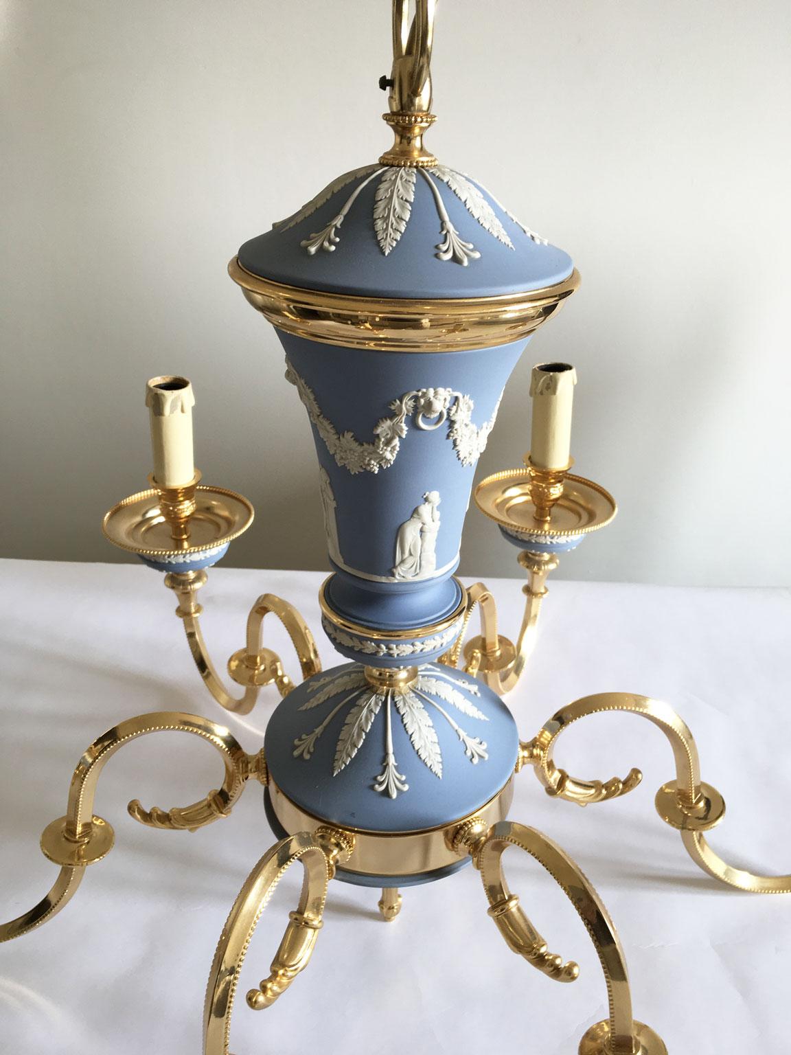 Italian Italy 1970 Post-Modern Sky Blue Porcelain Brass Chandelier 6 Lights