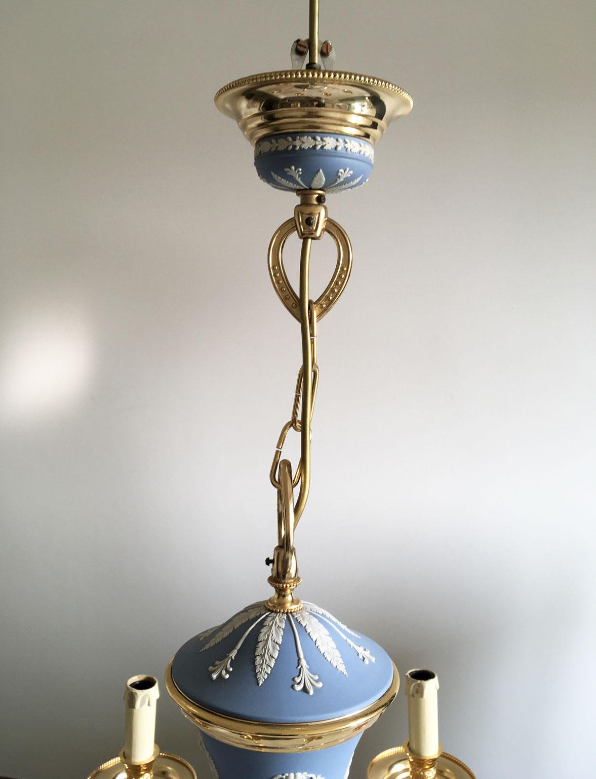 Hand-Crafted Italy 1970 Post-Modern Sky Blue Porcelain Brass Chandelier 6 Lights