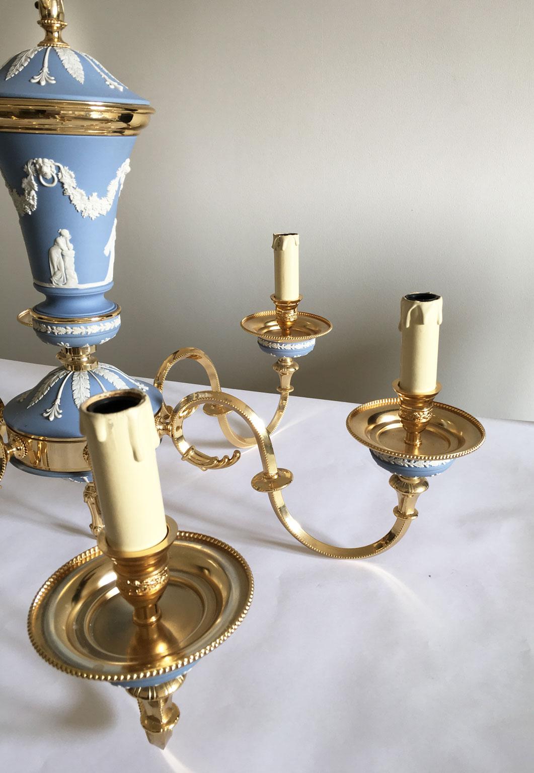 Italy 1970 Post-Modern Sky Blue Porcelain Brass Chandelier 6 Lights 1