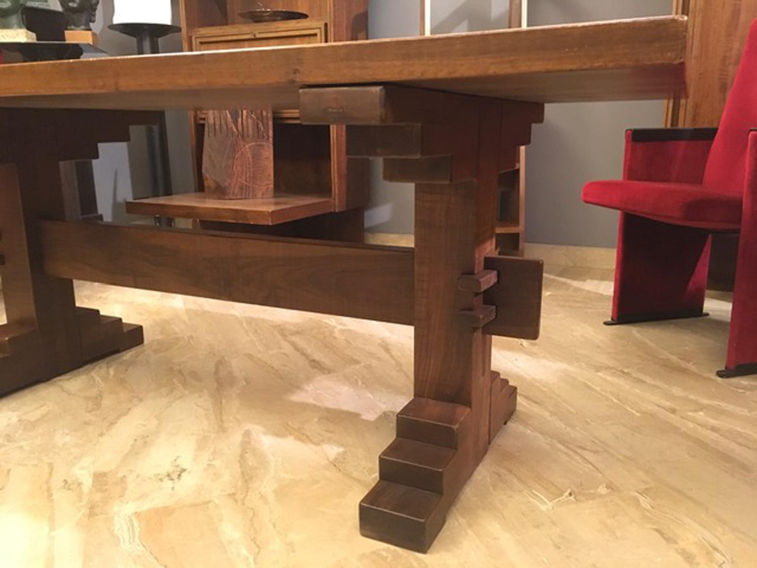 Italian Italy 1970 Officina Rivadossi Solid Walnut Table in Postmodern Style